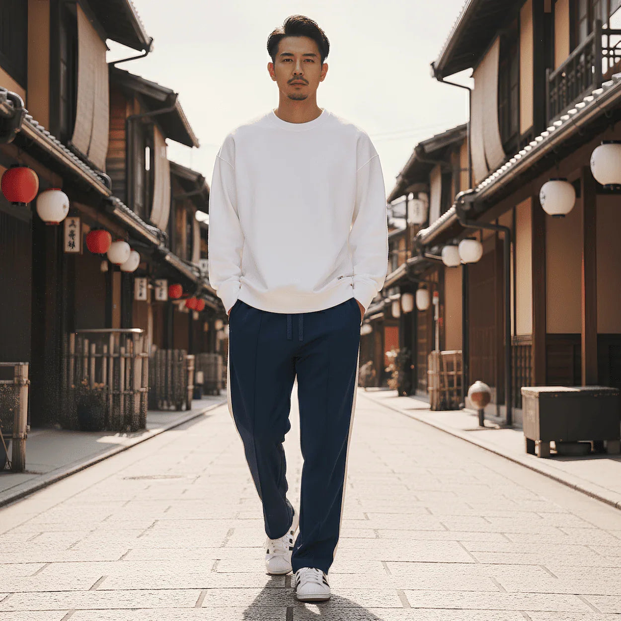 Hombre con sudadera blanca y pantalones deportivos azul marino caminando por calle tradicional japonesa.