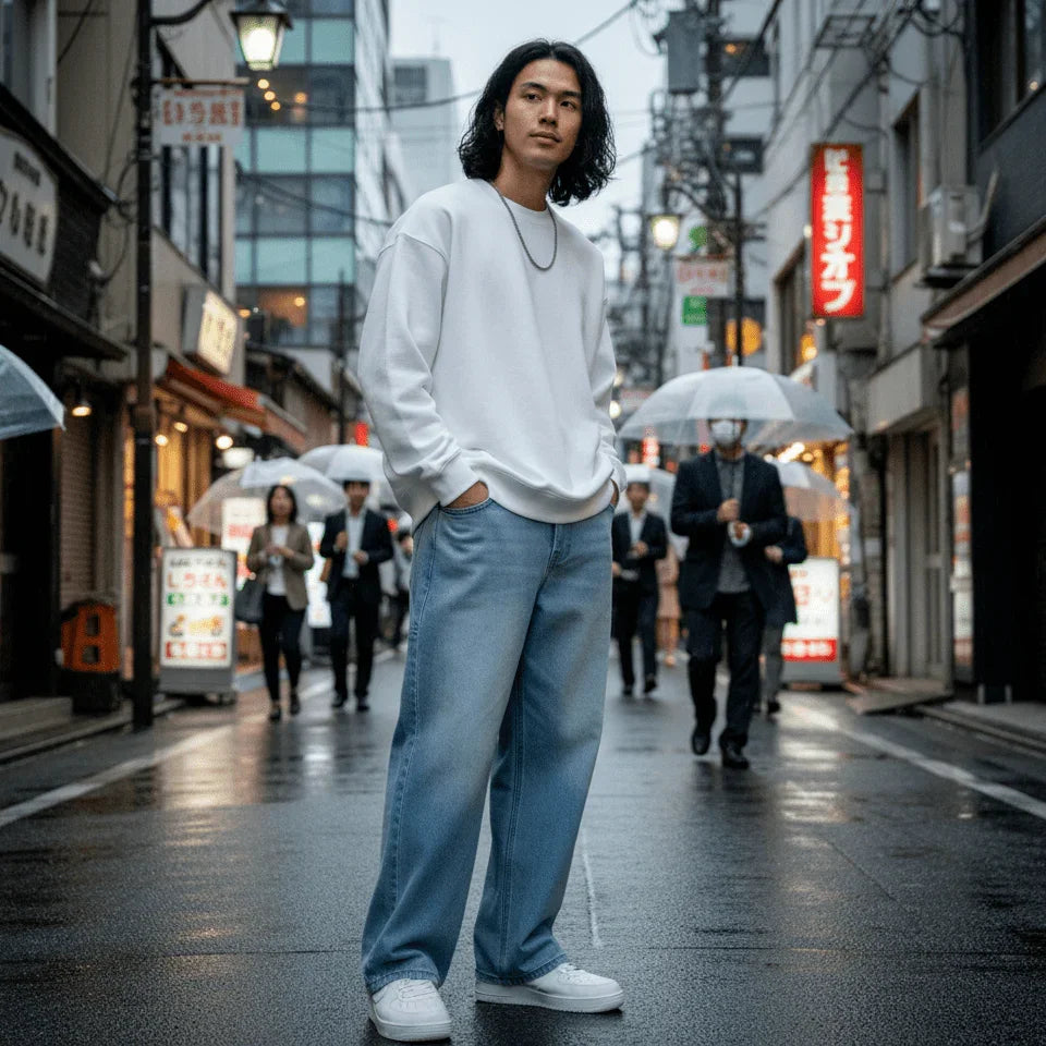 Hombre con sudadera blanca y jeans anchos de mezclilla en calle urbana, estilo casual moderno