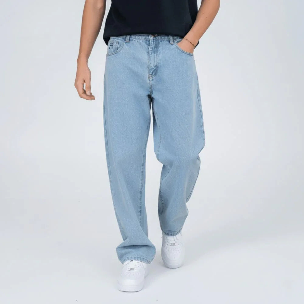 Pantalones vaqueros anchos de mezclilla azul claro para hombre, estilo casual moderno