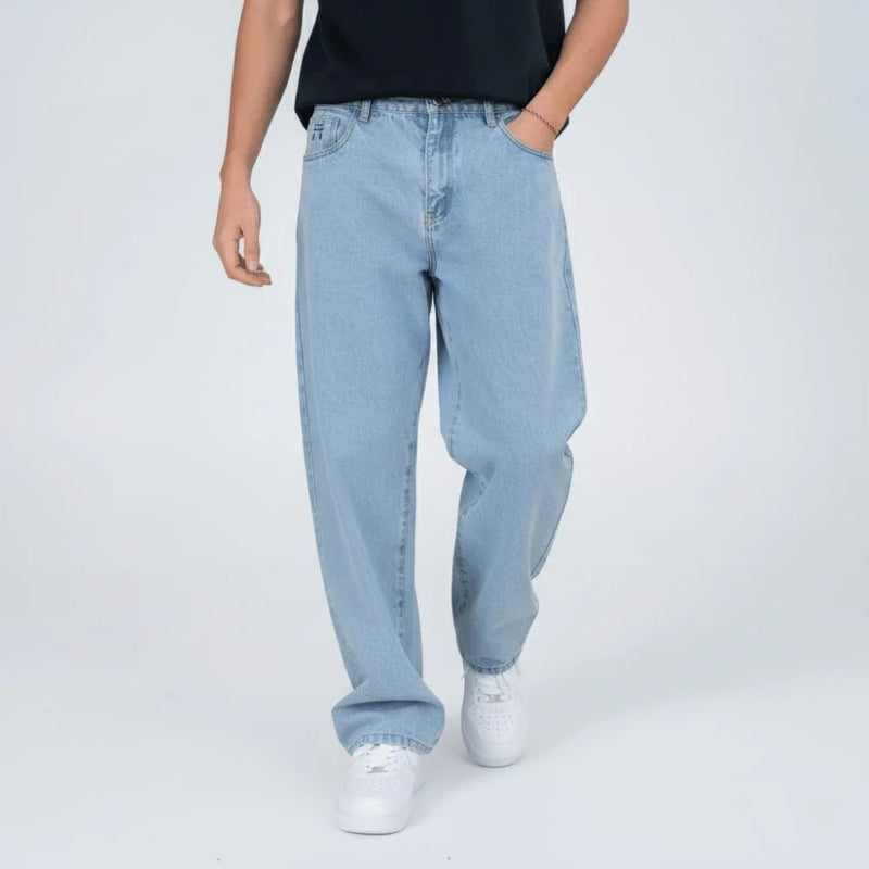 Pantalones vaqueros anchos de mezclilla azul claro para hombre, estilo casual moderno