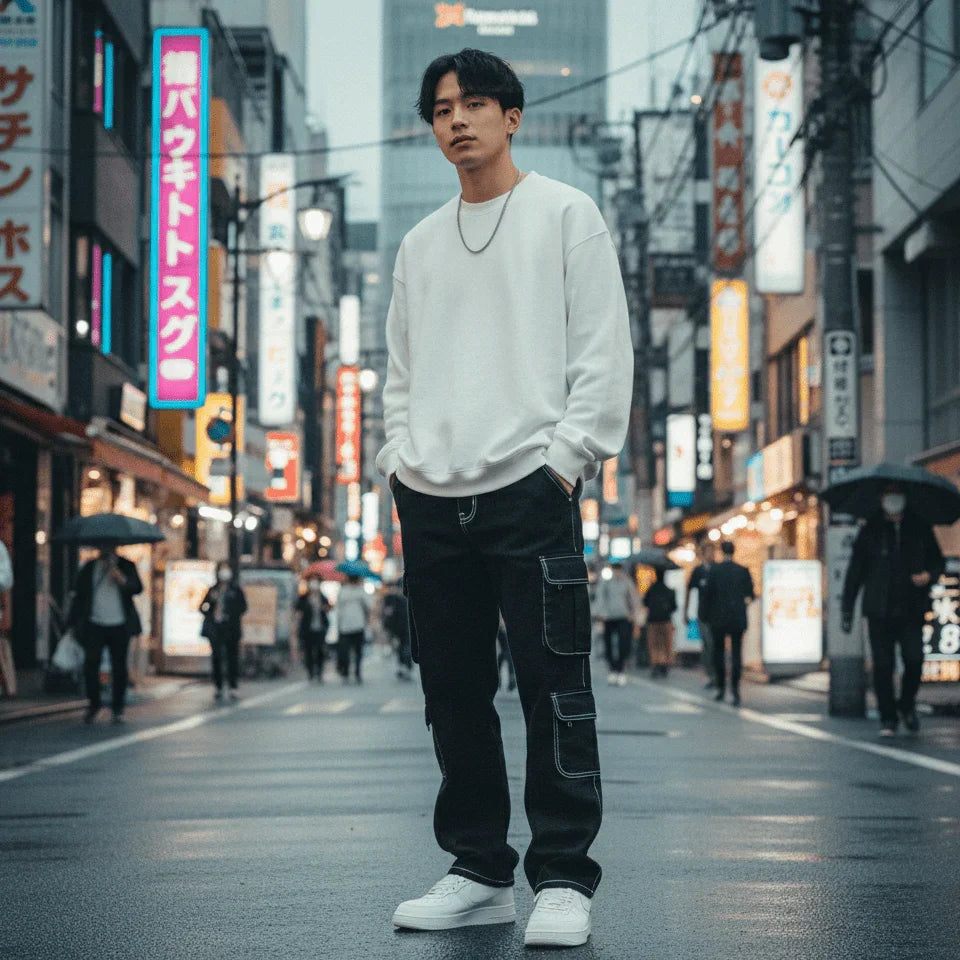Joven con sudadera blanca y pantalón cargo negro posando en calle urbana iluminada, estilo streetwear