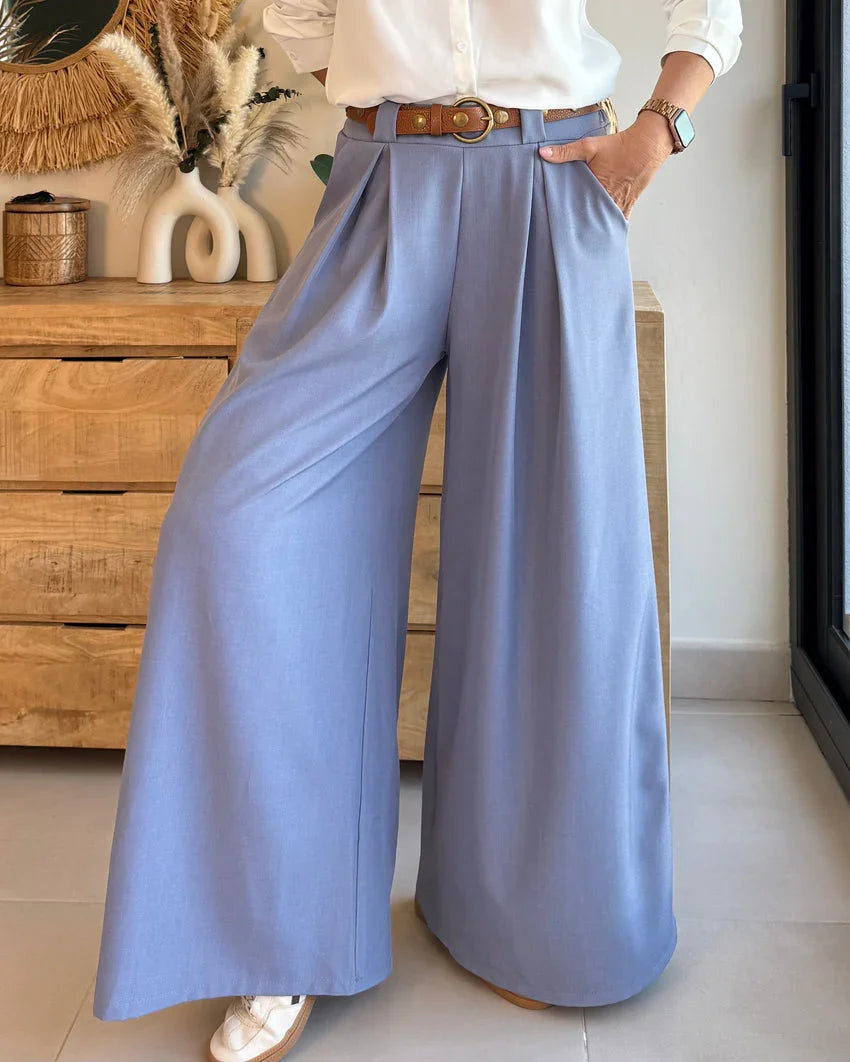 Pantalón palazzo lila de tiro alto para mujer, tejido fluido, estilo casual elegante.