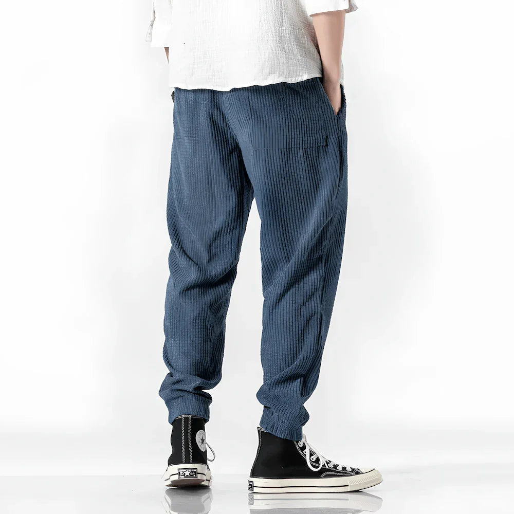 Pantalón azul para hombre estilo casual, corte holgado, tela acanalada, vista trasera.