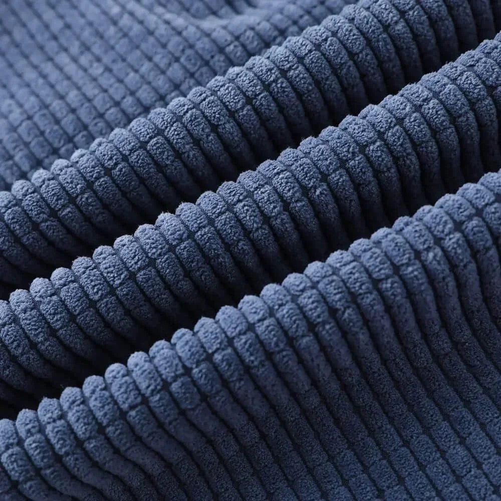 primer plano de tejido acanalado azul, textura suave y patrón de líneas paralelas
